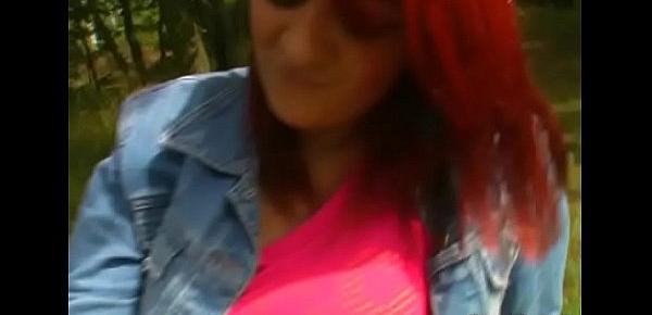  Seductive redhead Laura with large natural tits riding a big slim jim